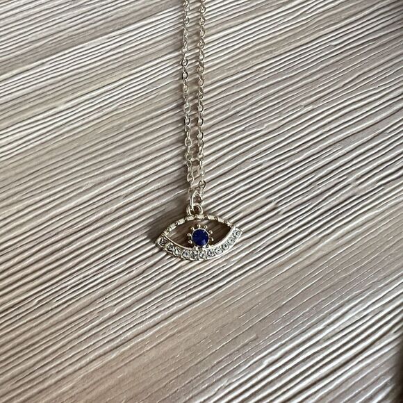 NEW Evil Eye Gold Rhinestone Blue White Necklace 16” chain lobster claw clasp - Picture 5 of 8